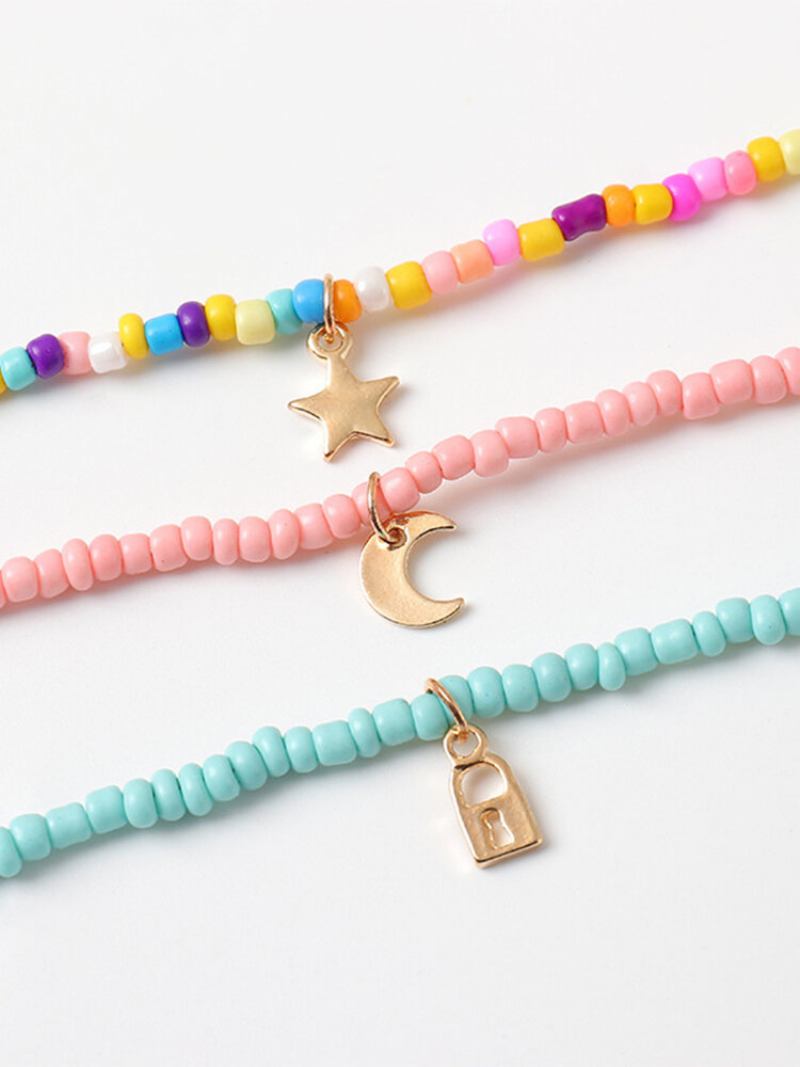 3 Τμχ Σετ Κολιέ Από Κράμα Bohemian Country Style Star Moon Lock Μενταγιόν Πολύχρωμες Χάντρες