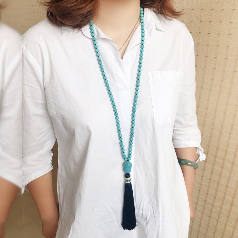 Κολιέ Bohemian Long Tassel Μενταγιόν Με Χάντρες Τυρκουάζ Ελέφαντα Γυναικεία Πουλόβερ Με Αλυσίδα Κοσμήματα