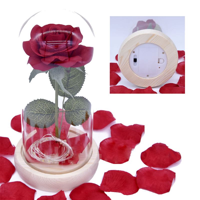 Φωτιστικό Κόκκινο Τριαντάφυλλο Με Φώτα Led Fairy String Πεσμένα Πέταλα Και Βάση Abs Σε Γυάλινο Θόλο Για Την Ημέρα Του Αγίου Βαλεντίνου Το Καλύτερο Δώρο Για Εκείνη
