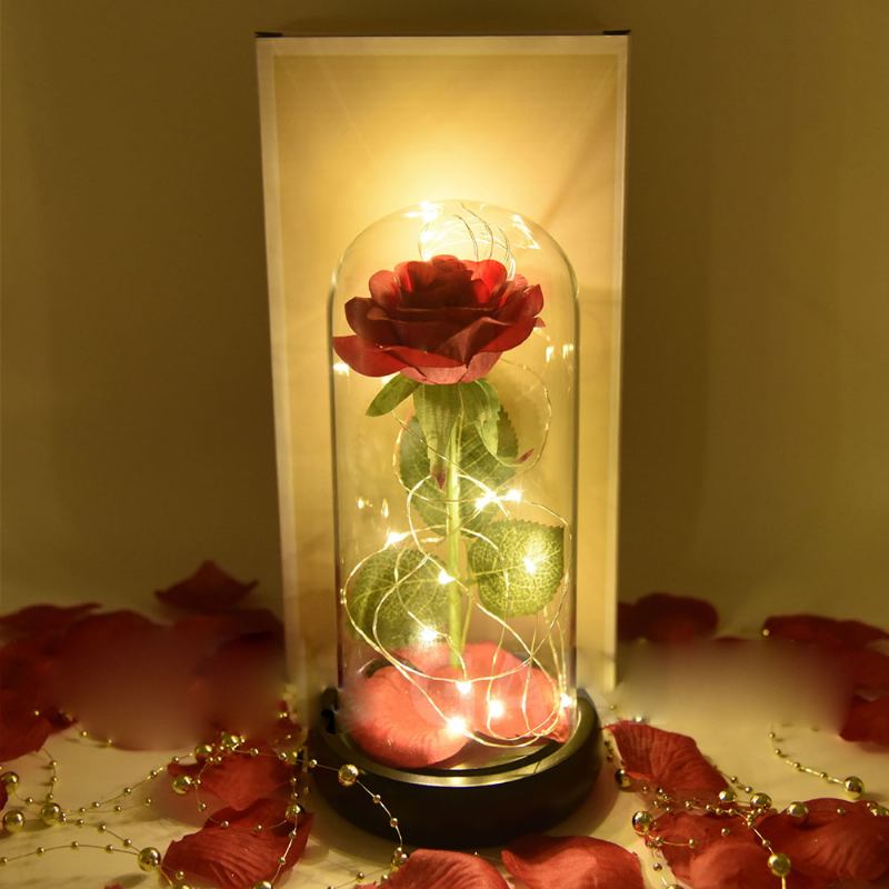 Φωτιστικό Κόκκινο Τριαντάφυλλο Με Φώτα Led Fairy String Πεσμένα Πέταλα Και Βάση Abs Σε Γυάλινο Θόλο Για Την Ημέρα Του Αγίου Βαλεντίνου Το Καλύτερο Δώρο Για Εκείνη
