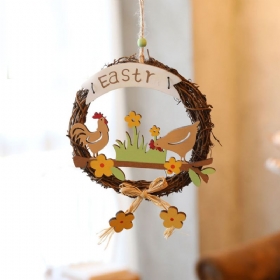 Πασχαλινό Στεφάνι Wood Bunny Chicks Αυγά Κρεμαστά Διακοσμητικά Πόρτας Στηρίγματα