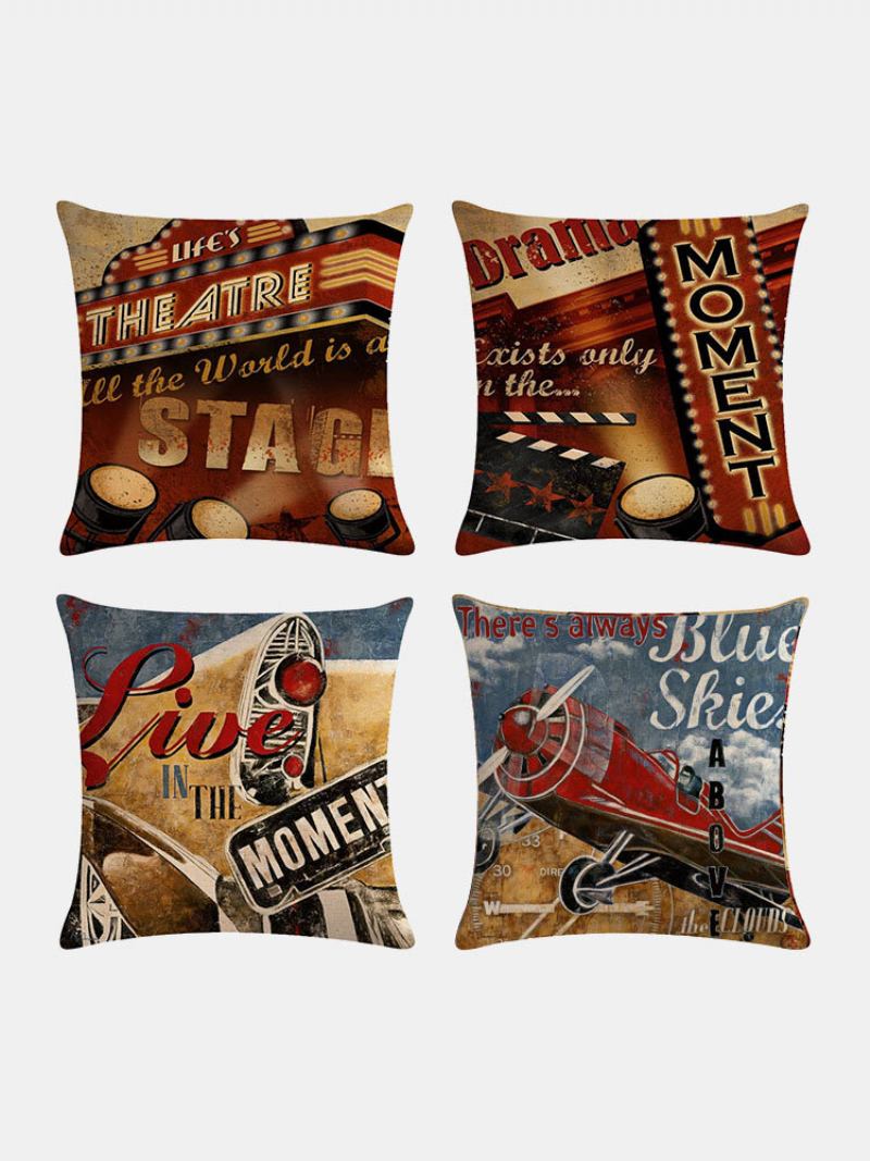 4 Τεμ. Vintage Retro Movie Projector Cinema Printed Len Cushion Κάλυμμα Οικιακού Καναπέ Διακοσμητικό Μαξιλαριού Μαξιλαροθήκες