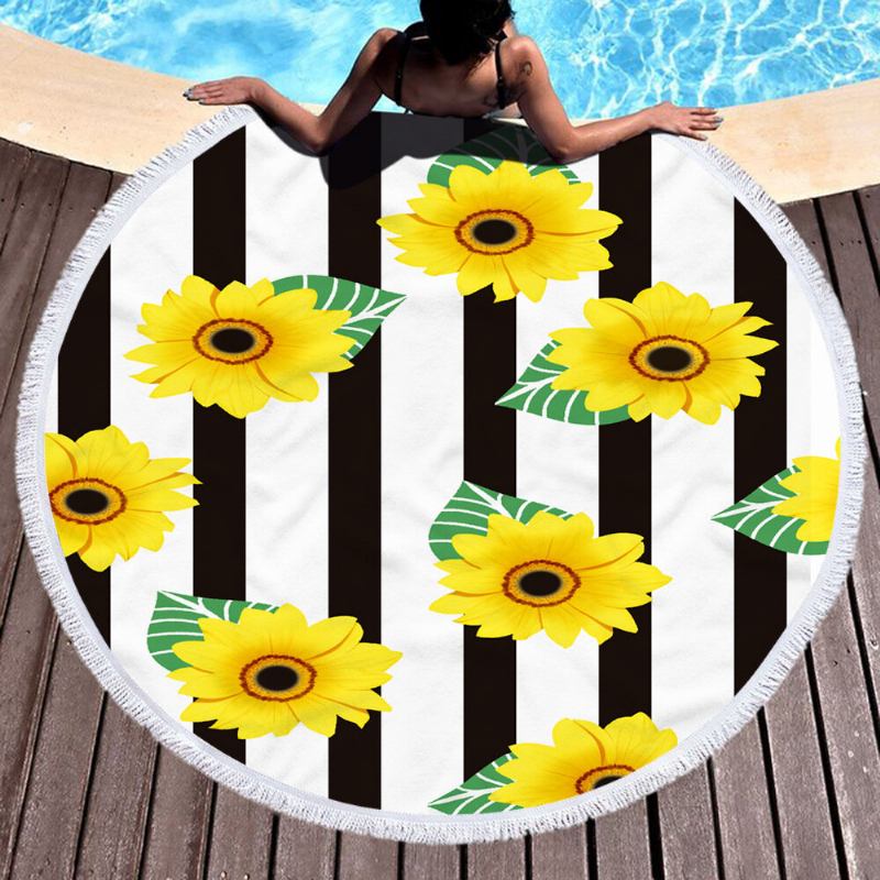 Κουβέρτα Με Πετσέτα Παραλίας Daisy Sunflower Round Hawaii Tropical Large Microfiber Terry Beach Roundie Palm Circle Χαλάκι Γιόγκα Για Πικ-νικ Χαλί Με Κρόσσια