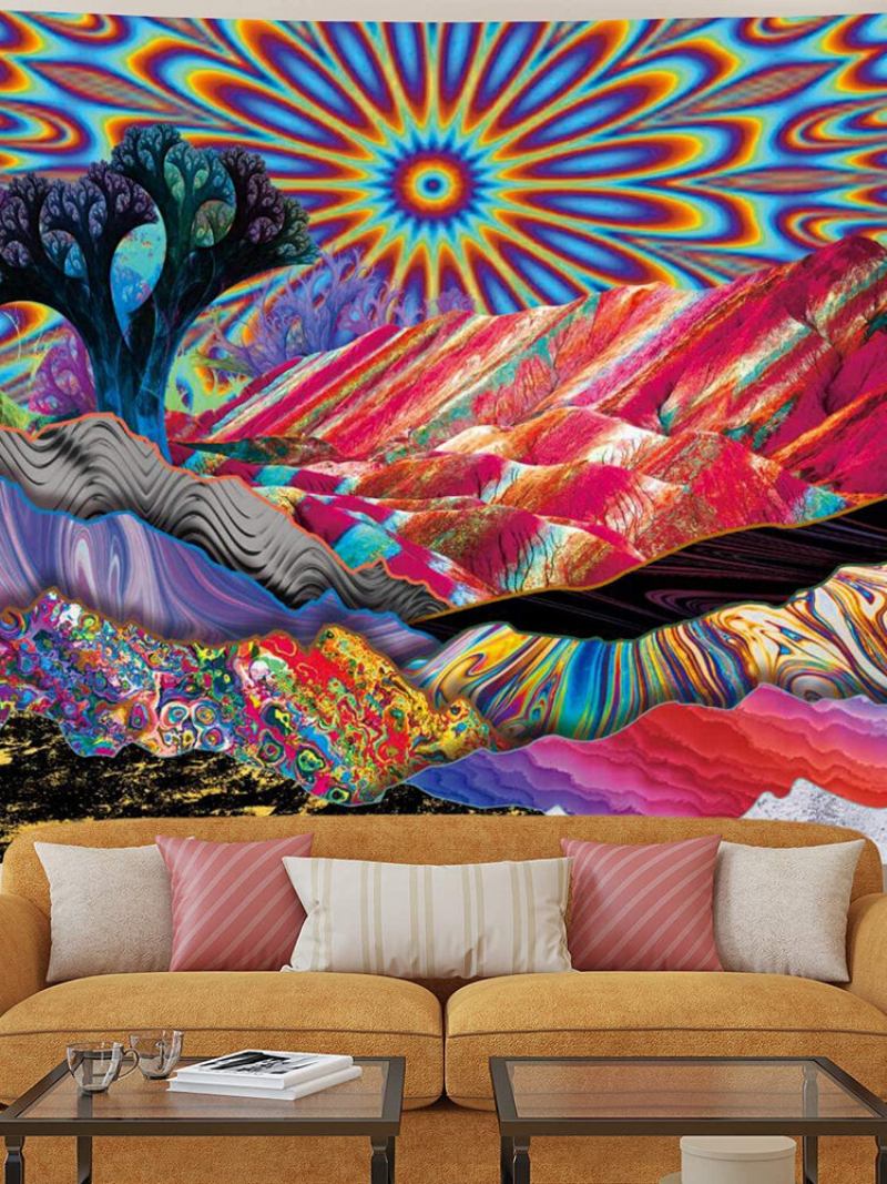 Psychedelic Mountain Sun Tapestry Abstract Trees Colorful Nature Landscape Βοημία