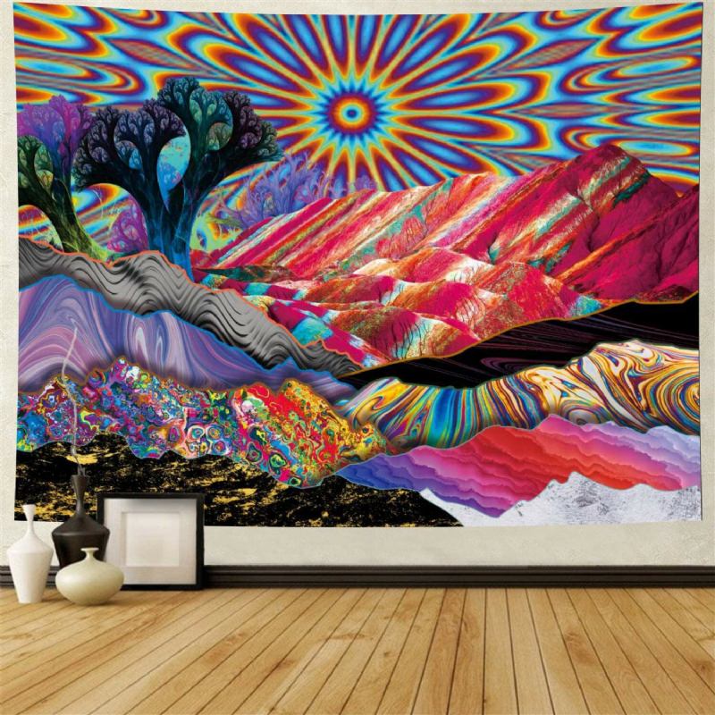 Psychedelic Mountain Sun Tapestry Abstract Trees Colorful Nature Landscape Βοημία