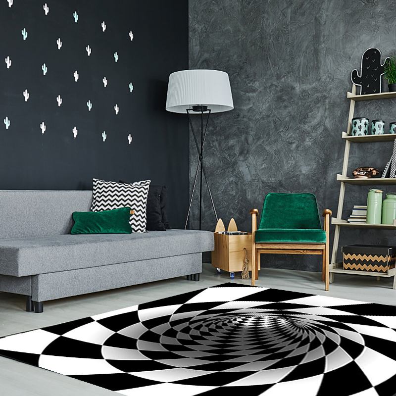 Στρογγυλό Χαλί Καρό Vortexs Optical Illusions Αντιολισθητικό Δαπέδου Durbale Χαλάκι Μαύρο Λευκό Πόρτας Για Σαλόνι Τραπεζαρία Υπνοδωμάτιο Κουζίνα