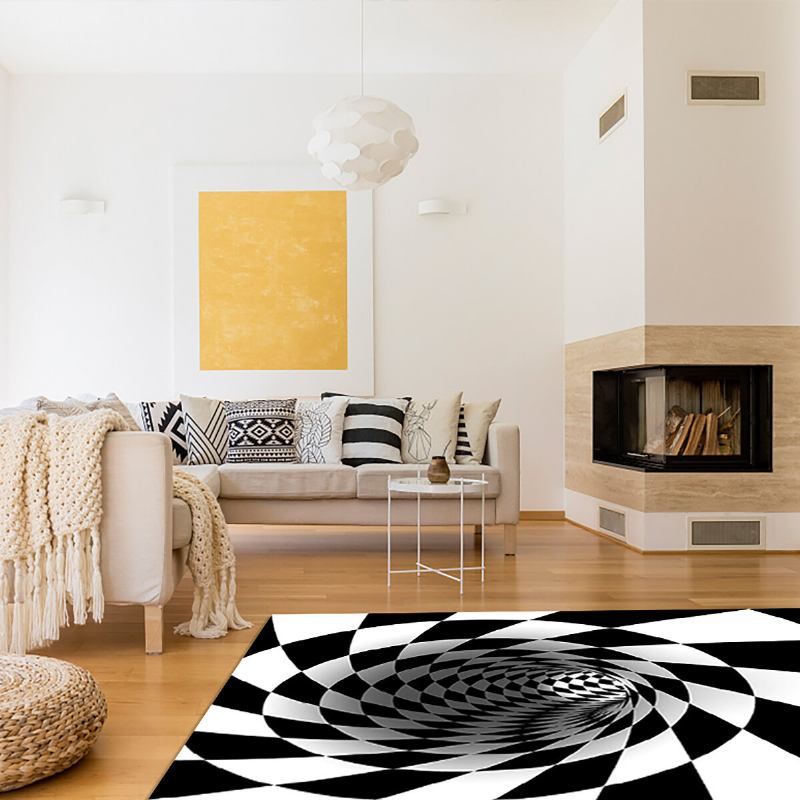 Στρογγυλό Χαλί Καρό Vortexs Optical Illusions Αντιολισθητικό Δαπέδου Durbale Χαλάκι Μαύρο Λευκό Πόρτας Για Σαλόνι Τραπεζαρία Υπνοδωμάτιο Κουζίνα
