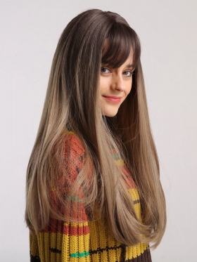24 Ιντσών Καφέ Ντεγκραντέ Milk Tea Color Bangs Περούκα Μακριά Ίσια Μαλλιά Κάθετη Φυσική Μαλακή Συνθετική