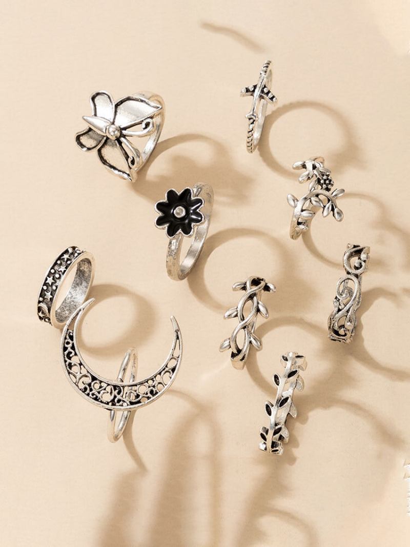 Δαχτυλίδι Από Κράμα 9 Τμχ Vintage Vine Leaves Moon Butterfly Flower Set Rings