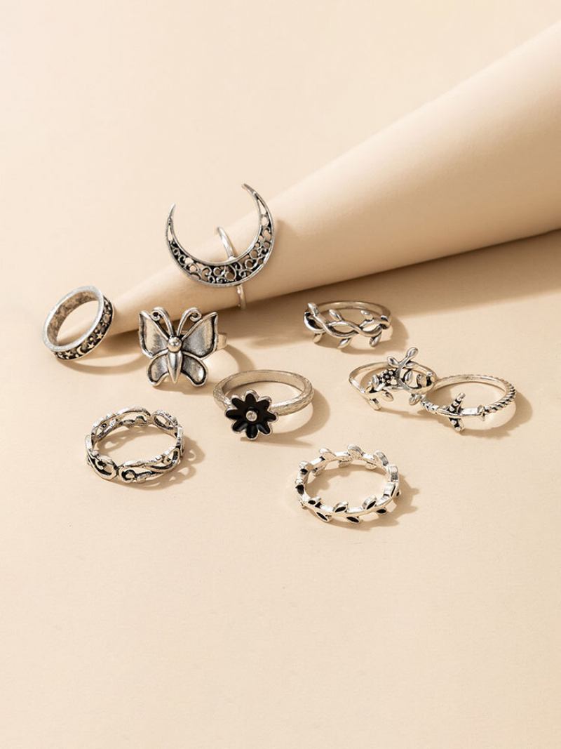 Δαχτυλίδι Από Κράμα 9 Τμχ Vintage Vine Leaves Moon Butterfly Flower Set Rings