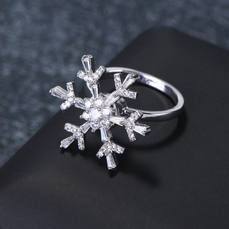Εκθαμβωτικό Λουλούδι Zirconia Windmill Snowflake Charm Περιστρεφόμενα Ασημένια Δαχτυλίδια Μόδας