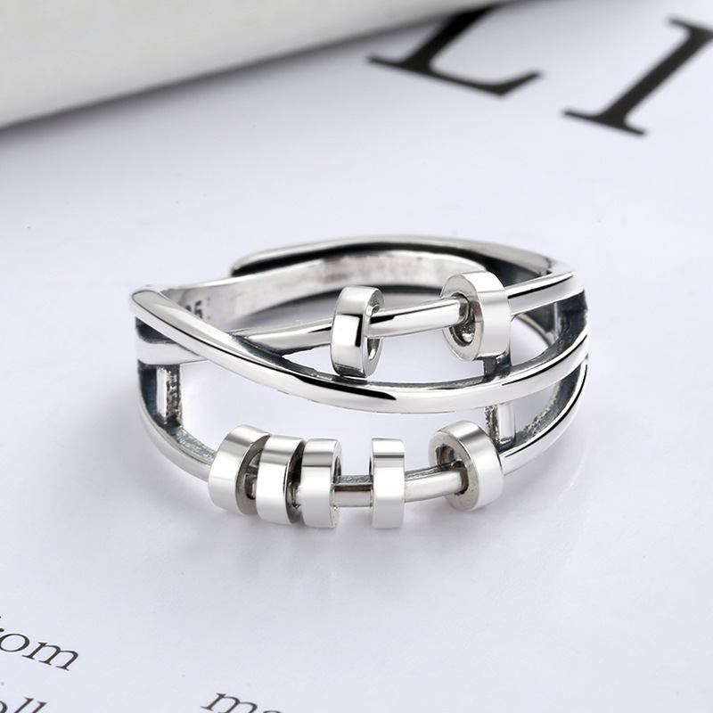 S925 Sterling Silver Fashion Temperament Με Τρία Δαχτυλίδια Έξυπνο Δαχτυλίδι Με Χάντρες Μεταφοράς Πολλαπλών Κύκλων