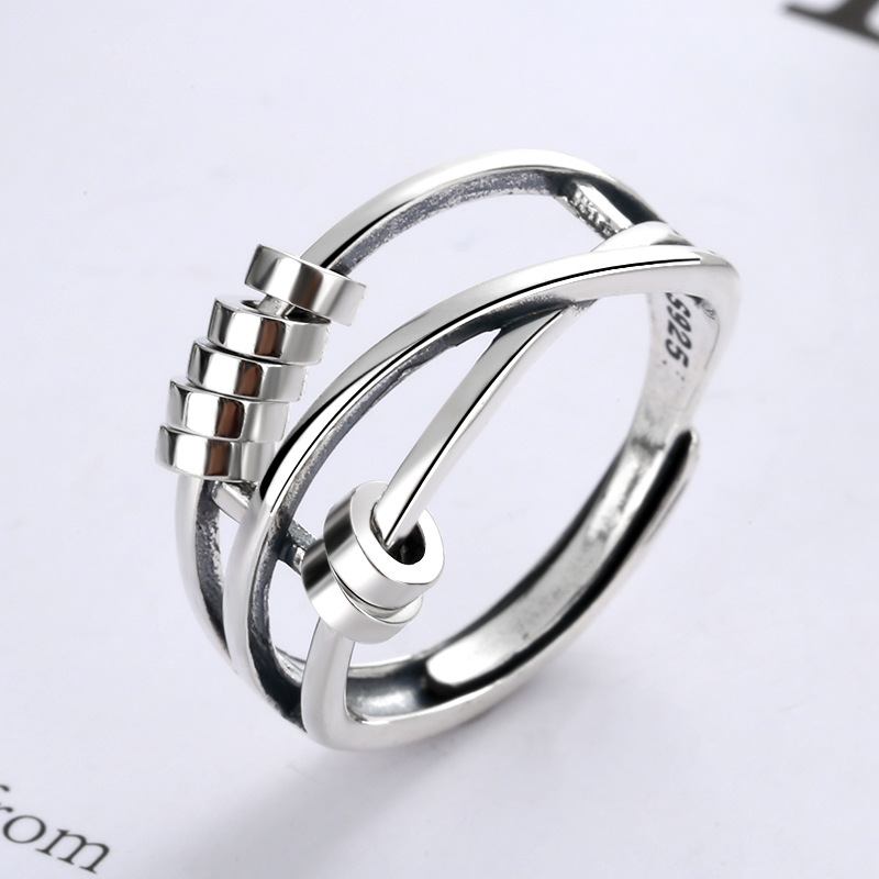 S925 Sterling Silver Fashion Temperament Με Τρία Δαχτυλίδια Έξυπνο Δαχτυλίδι Με Χάντρες Μεταφοράς Πολλαπλών Κύκλων
