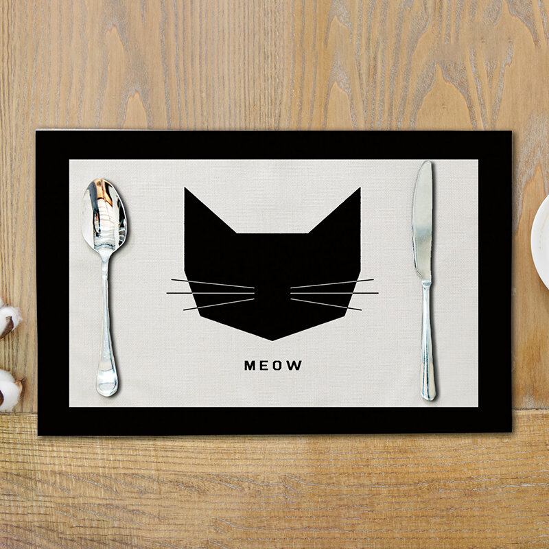 Lovely Cat Dining Mat Cartoon Black Cat Pattern Με Στάμπα Από Βαμβάκι Και Λινό