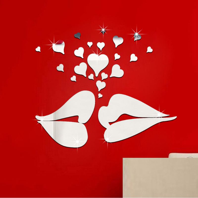 26 Τμχ 3d Lip Kiss Shape With Hearts Love Mirror Αυτοκόλλητα Τοίχου