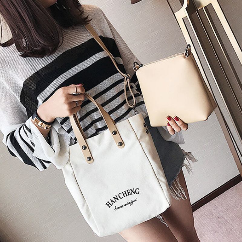 2 Τεμ Casual Canvas Handbag Τσάντα Crossbody Ώμου