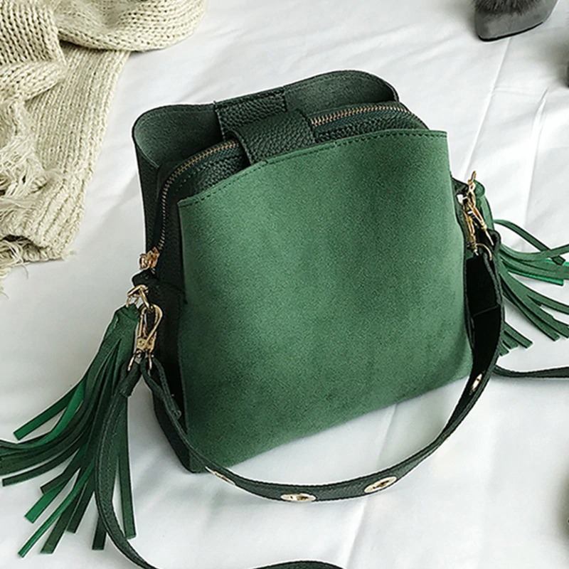 Fashion Scrub Γυναικεία Τσάντα Κουβά Vintage Tassel Messenger Υψηλής Ποιότητας Retro Ώμου Απλή Χιαστί