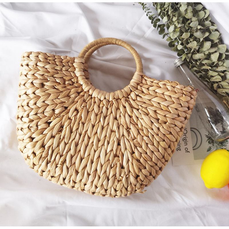 Ψάθινη Τσάντα Γυναικεία Καλοκαιρινή Rattan Handmade Woven Circle Bohemia Beach