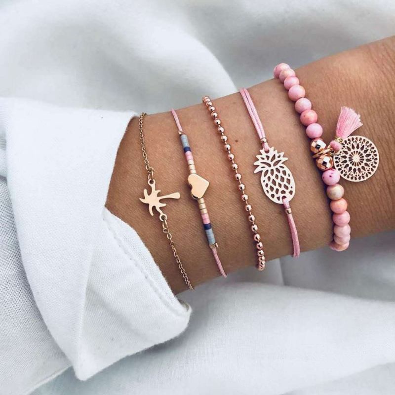 Bohemian Chain Χρυσό Βραχιόλι Σετ 5 Τμχ Ανανάς Από Κερί Σχοινί Φούντες Με Χάντρες Για Γυναίκες
