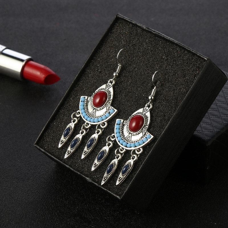 Bohemian Ear Drop Earrings Fan Geometric Turquois Tassel Ethnic Jewelry For Women