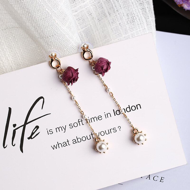 Sweet Ear Drop Σκουλαρίκια Rose Pearls Tessals Chain Μενταγιόν Dangle Κομψά Κοσμήματα Για Γυναίκες