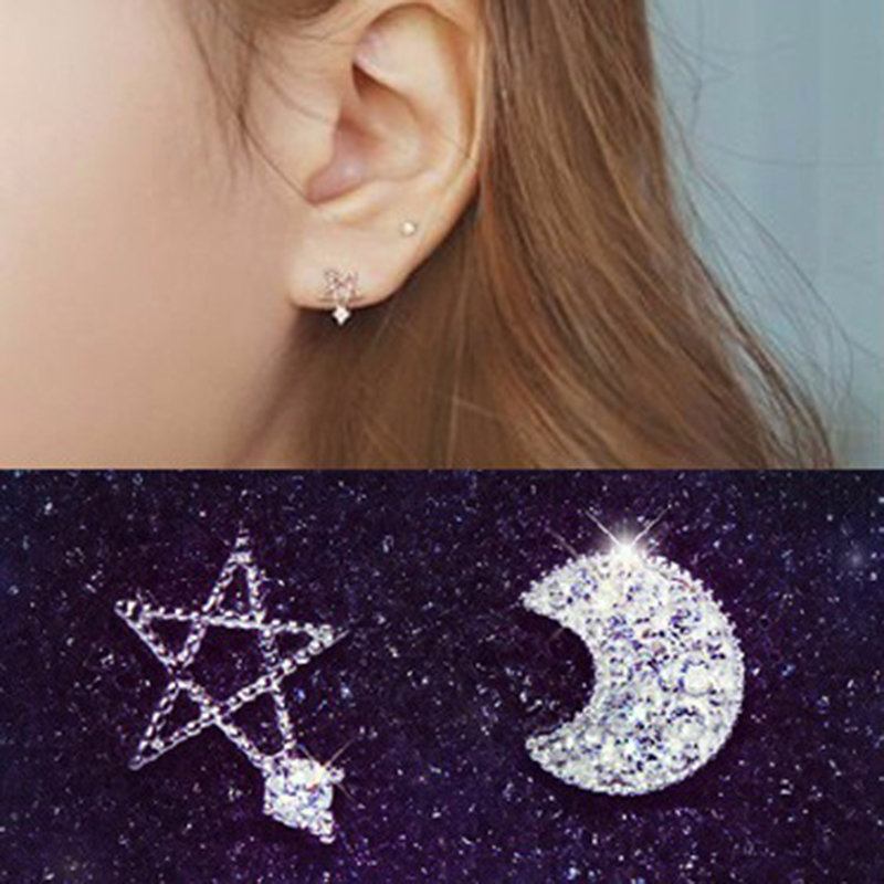 Sweet Ear Stud Earrings S925 Sterling Silver Moon Star Zircon Κομψά Κοσμήματα Για Γυναίκες