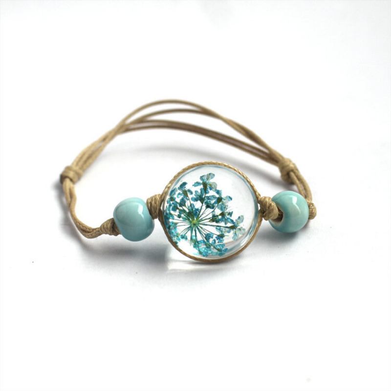 Vintage Μανσέτα Βραχιόλια Babysbreath Sakura Dry Flower Γυάλινο Κερί Σχοινί Ethnic Κοσμήματα Για Γυναίκες